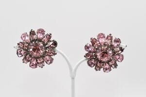 Weiss Vintage Pink Rhinestone Clip Earrings Rhodium 1960s Signed